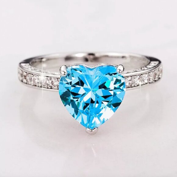 925 Sterling Silver Aquamarine Diamond Heart Ring - Picture 4 of 4